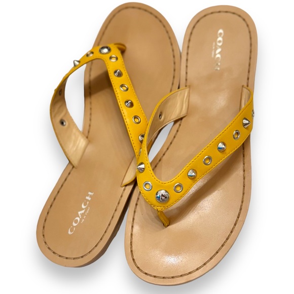 COACH Cottage Yellow Leather Silver Studded Sandals • Women’s Shoes Flip Flops - Picture 3 of 17
